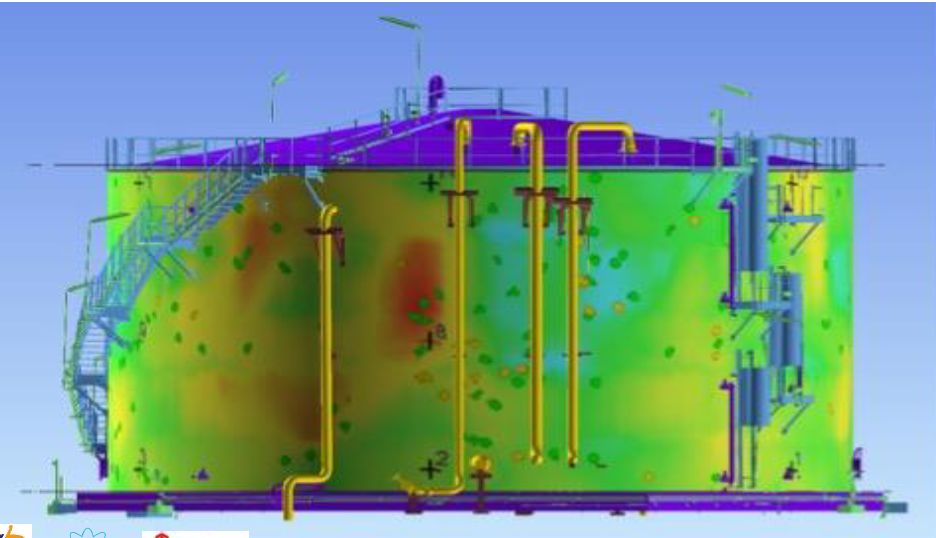3D tank model with a geometric-deviation heatmap and estimated AE source locations